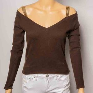 Brown Cashmere sweater w/ gold chainmail straps